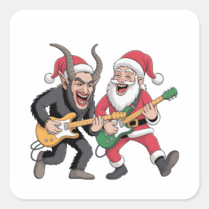 Krampus und Santa spielen elektrische Weihnachtsgi Quadratischer Aufkleber