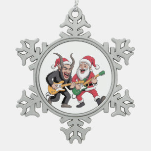 Krampus und Santa spielen elektrische Weihnachtsgi Schneeflocken Zinn-Ornament