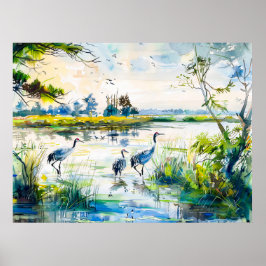 Krane am Fluss Havelland Wasserfarbe Poster