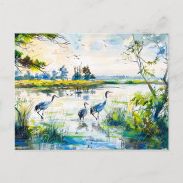 Krane am Fluss Havelland Wasserfarbe Postkarte