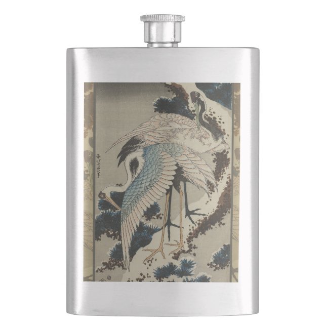 Krane auf einer schneebedeckten Pine Hokusai Flachmann (Vorderseite)