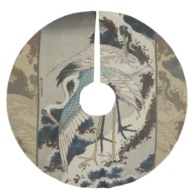 Krane auf einer schneebedeckten Pine Hokusai Polyester Weihnachtsbaumdecke (Vorderseite)