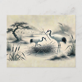 Krane, die an ihrem Nest chinesische Tinten nistet Postkarte