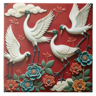 Krane, die auf den Zweigen der Blüte ruhen Fliese