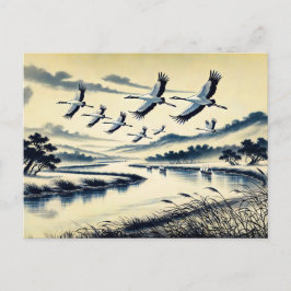 Krane, die über eine Flusslandschaft fliegen Chine Postkarte