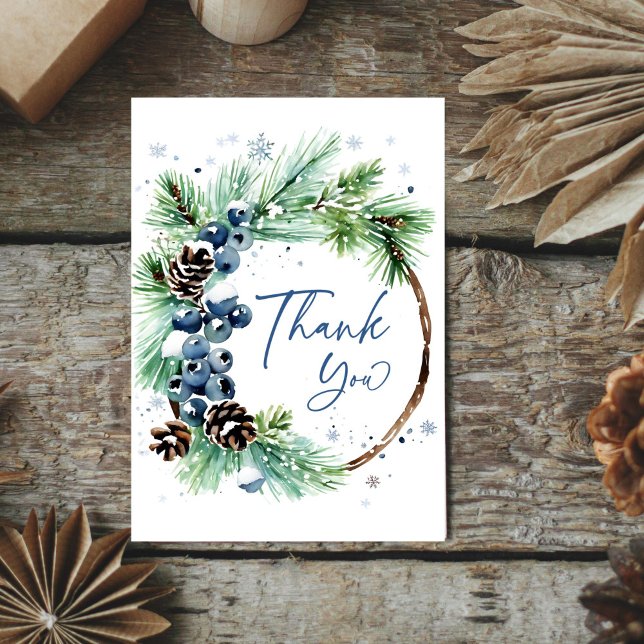 Kräne im Winter-Brautparty Dankeskarte (Winter bridal shower watercolor pine wreath thank you card snowy pines cones winter blue berries)