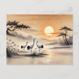 Krane in der Marsche bei Sunset Chinese Ink Painti Postkarte