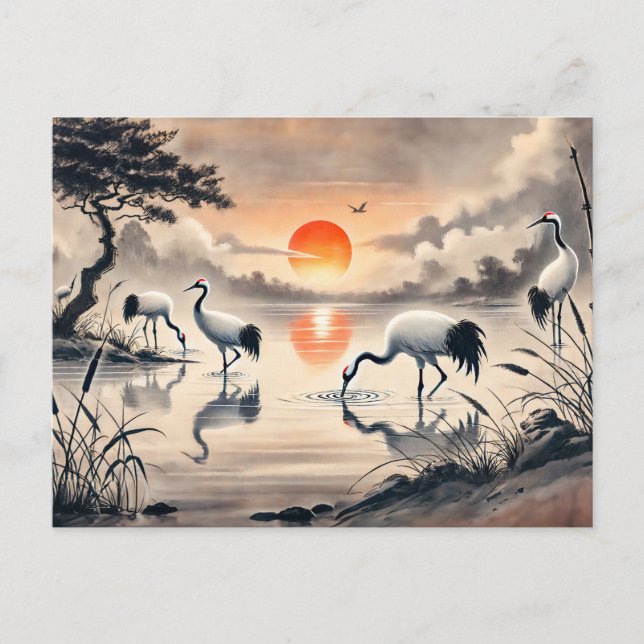 Krane in der Marsche bei Sunset Chinese Ink Painti Postkarte (Vorderseite)