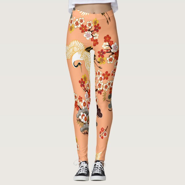 Krane, Sakura, farbenfroh, blumenreich, Kantalupe. Leggings (Vorderseite)