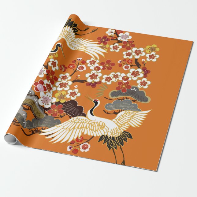 KRÄNE UND FARBSAKURA. Farbenfroh, blumennahtlos  Geschenkpapier (Ungerollt)