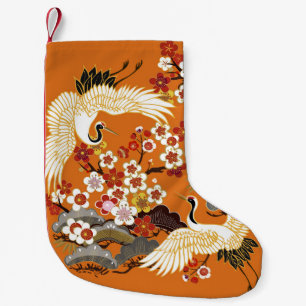 KRÄNE UND FARBSAKURA. Farbenfroh, blumennahtlos Kleiner Weihnachtsstrumpf