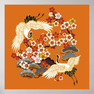 KRÄNE UND FARBSAKURA. Farbenfroh, blumennahtlos Poster