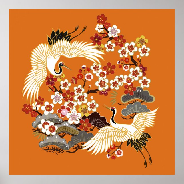 KRÄNE UND FARBSAKURA. Farbenfroh, blumennahtlos Poster (Vorne)