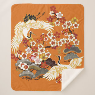 KRÄNE UND FARBSAKURA. Farbenfroh, blumennahtlos Sherpadecke