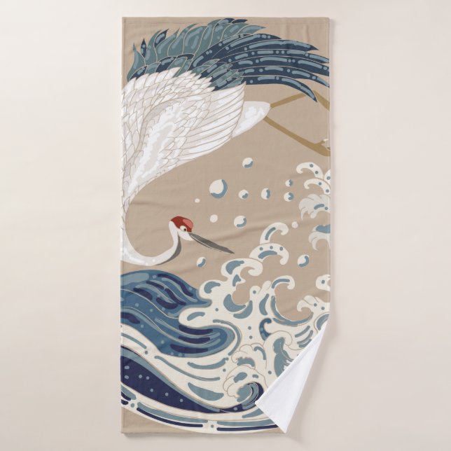 Krane und japanische Wave Illustration. Traditione Badehandtuch (Badehandtuch)