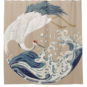 Krane und japanische Wave Illustration. Traditione Duschvorhang