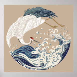 Krane und japanische Wave Illustration. Traditione Poster