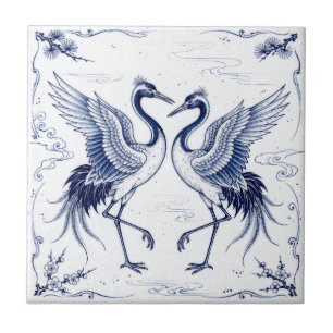 Kranich-Tanz Japanischer Imari-Ware-Stil Blau Weiß Fliese