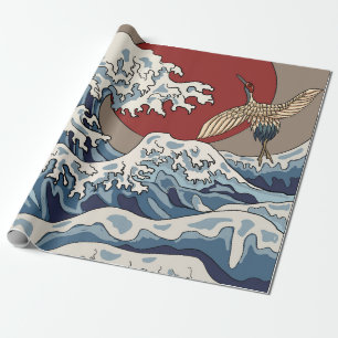 Kranich und japanische Wellendarstellung Tradition Geschenkpapier