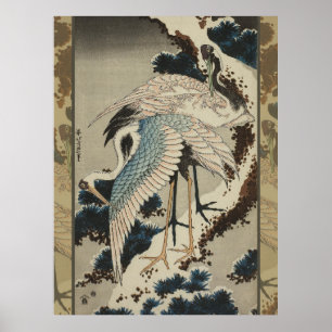 Kraniche auf einer schneebedeckten Kiefer Hokusai Poster