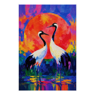 Kraniche bei Sonnenuntergang – Fauvistisches Wildt Poster