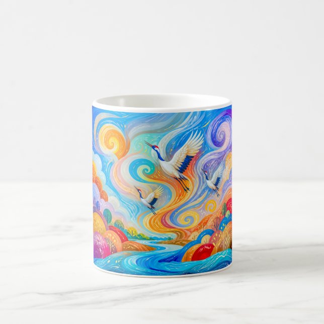 Kraniche, die im Wind und thermischen Aufwind aufs Kaffeetasse (Mittel)