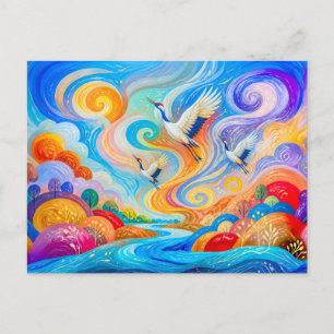 Kraniche, die im Wind und thermischen Aufwind aufs Postkarte