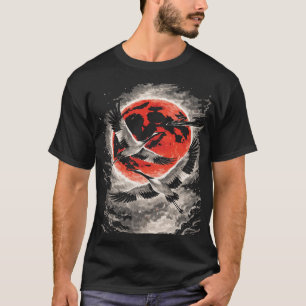 Kraniche fliegen im roten Mond - Japanische Kunst T-Shirt