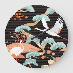 Kraniche, Reiher: Japanisches Vogelmuster. Große Wanduhr