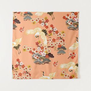 Kraniche, Sakura, farbenfroh, blumig, Melone. Wandteppich