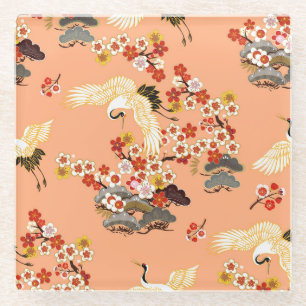 Kraniche, Sakura, farbenfroh, floral, Melone. Glasuntersetzer