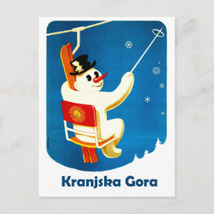Kranjska Gora, Slowenien, Schneemann auf Schleppli Postkarte