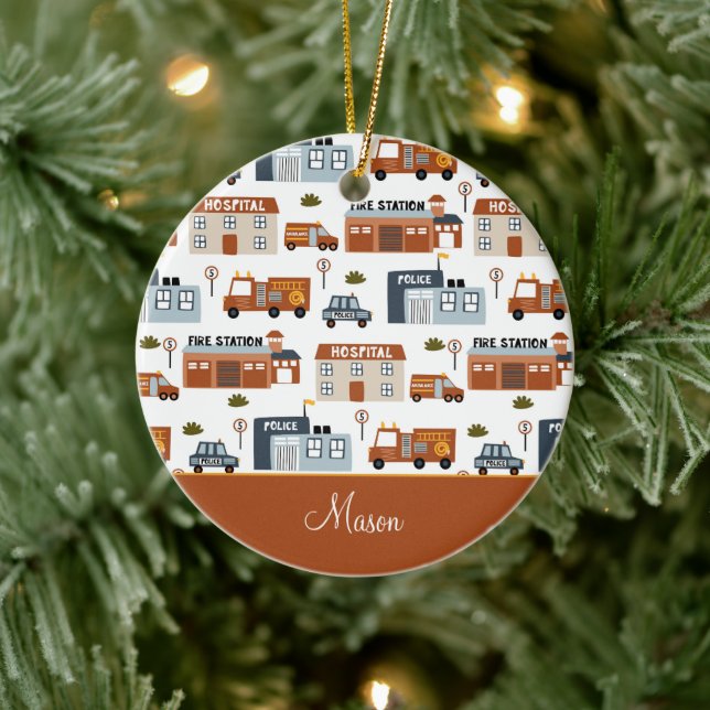 Krankenhaus, Feuer, Polizei Stadtmuster Weihnachte Keramik Ornament (Baum)