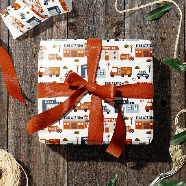 Krankenhaus, Feuer, Polizeistadtmuster für Kinder Geschenkpapier (Von Creator hochgeladen)