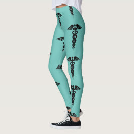 Krankenpflege Aquamarin Schwarzes Caduceus Muster Leggings