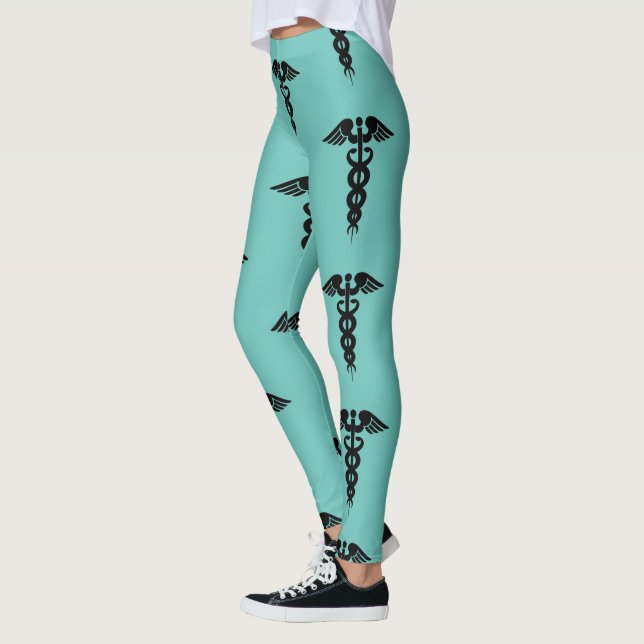 Krankenpflege Aquamarin Schwarzes Caduceus Muster Leggings (Links)