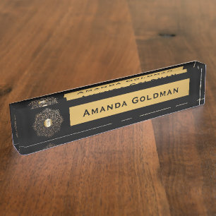 Krankenpflege-Monogramm-Schwarz-GoldCaduceus Namensplakette