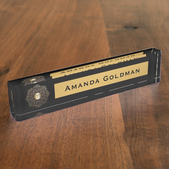 Krankenpflege-Monogramm-Schwarz-GoldCaduceus Namensplakette (Seite)