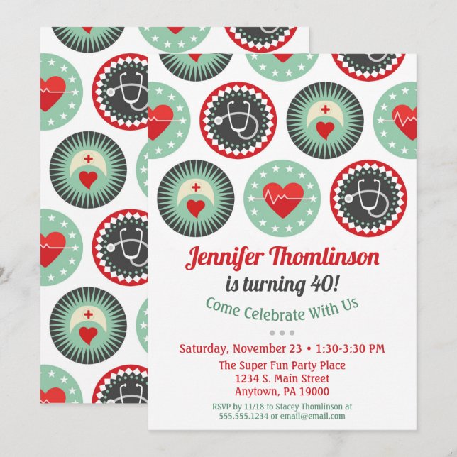 Krankenpflege zum Geburtstag Einladung Krankenpfle (Vorne/Hinten)