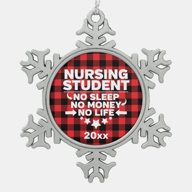 Krankenpfleger kein schlafendes Geld Leben Rot Kar Schneeflocken Zinn-Ornament (Vorderseite)