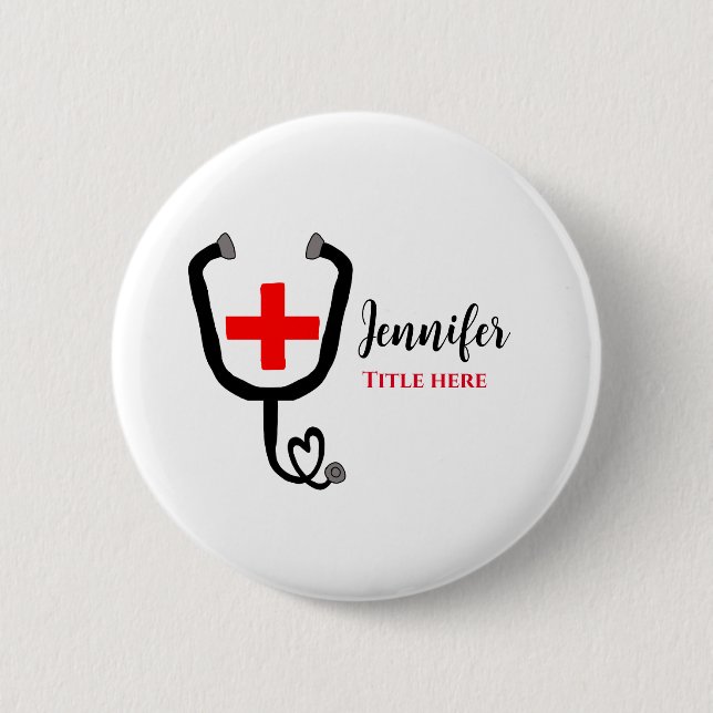 Krankenpfleger Rot und Stethoskop tragen Namen Button (Vorderseite)
