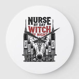Krankenschwester bei Tag, Hexe bei Nacht Halloween Große Wanduhr