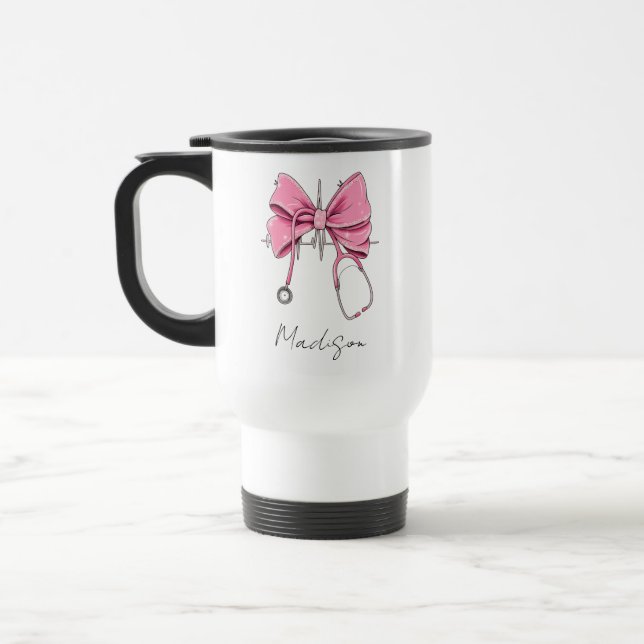 Krankenschwester Bow Stethoskop Tasse, Personalisi Reisebecher (Links)
