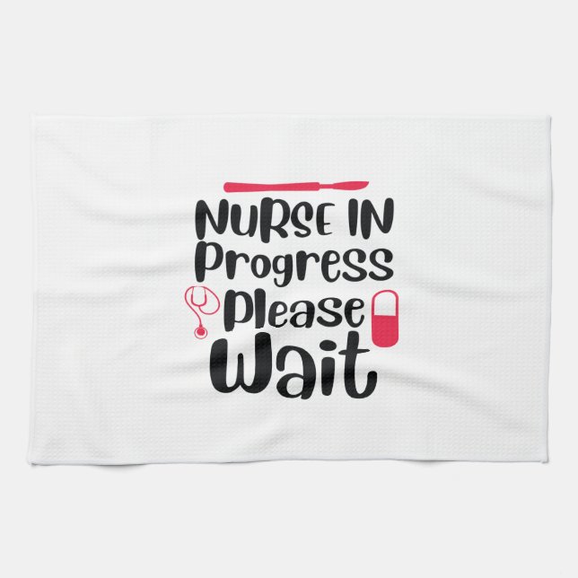 Krankenschwester Geschenke im Gange Bitte warten Geschirrtuch (Horizontal)