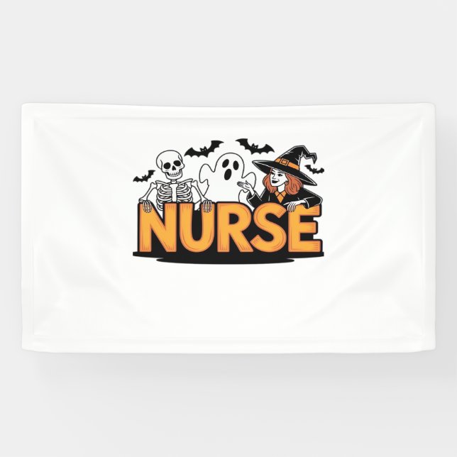 Krankenschwester - Halloween - mit Geist, Hexe und Banner (Horizontal)