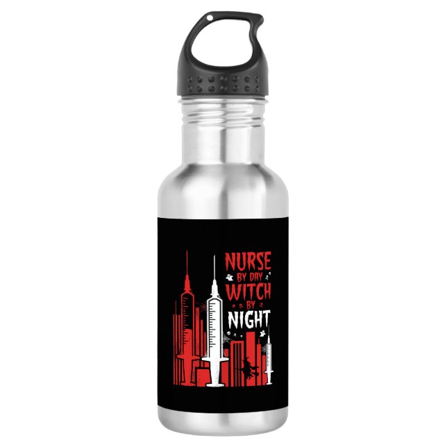 Krankenschwester-Hexen-Halloween-Skyline-Design_1 Edelstahlflasche (Vorderseite)