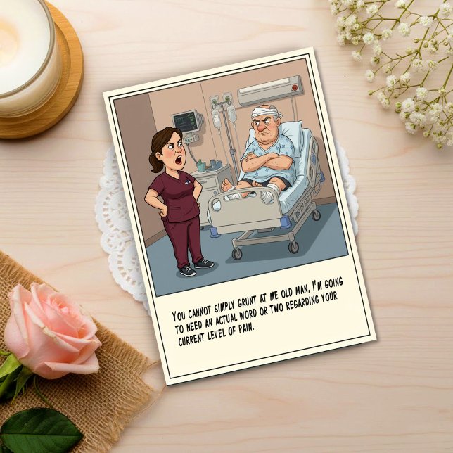 Krankenschwester konfrontiert mürrischen Patienten Postkarte (Von Creator hochgeladen)