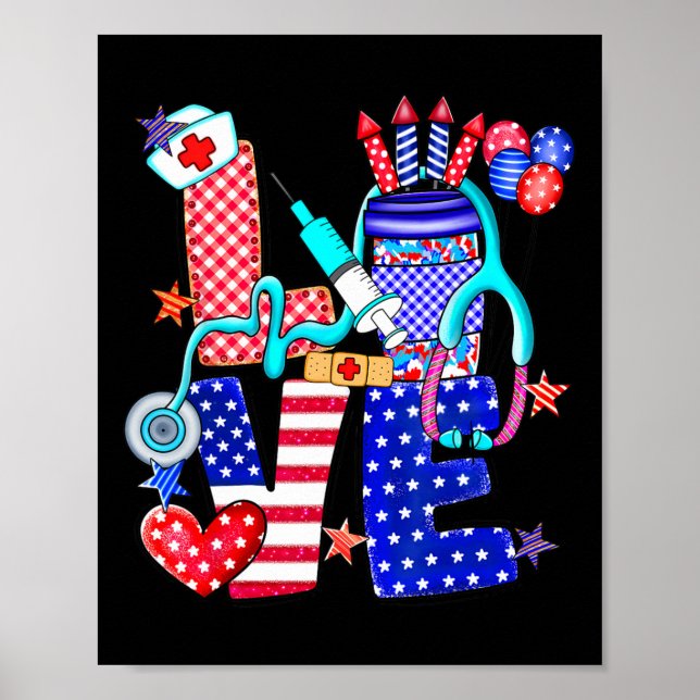 Krankenschwester Liebe 4. Juli Amerikanischer Flag Poster (Vorne)