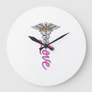 Krankenschwester Liebe Caduceus Florales Medizinis Große Wanduhr