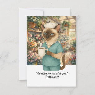 Krankenschwester trinkt Kaffee vor dem Blumenladen Dankeskarte